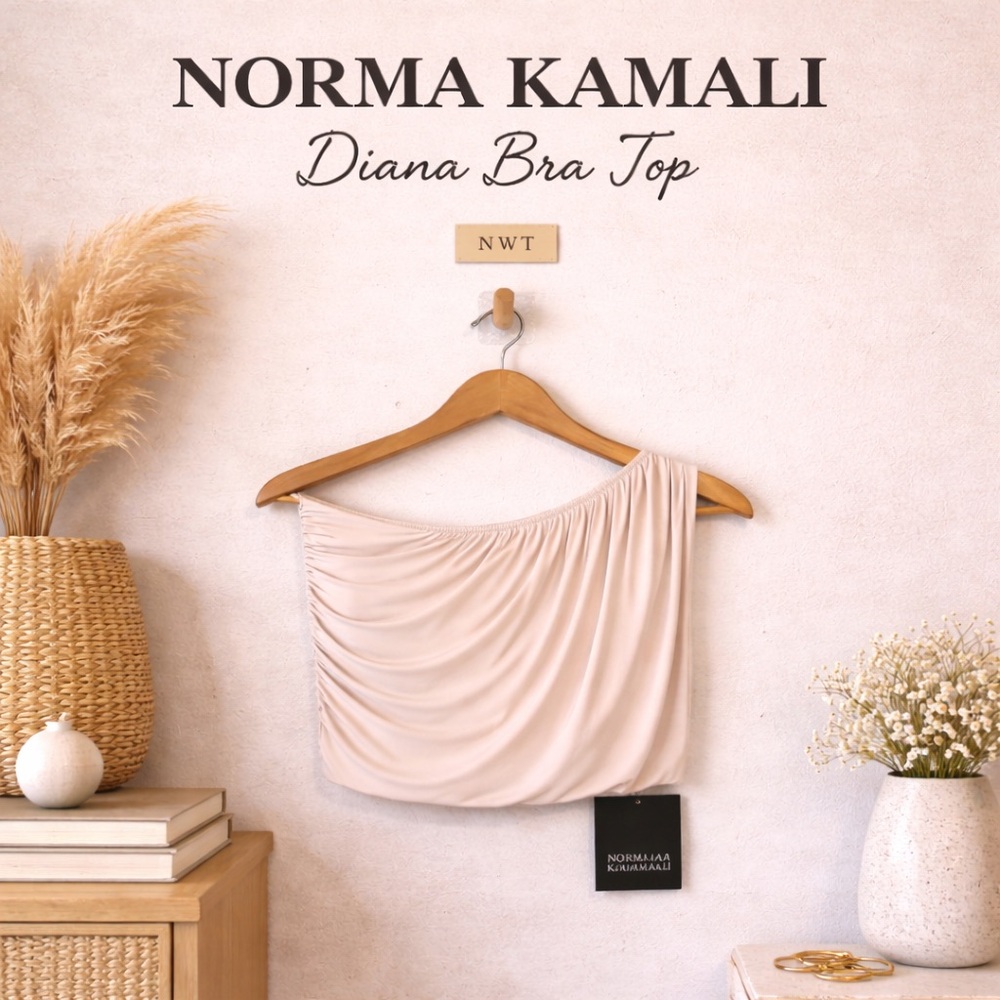 NORMA KAMALI Diana Bra Swim Top Bone One Shoulder Ruched Size M NWT